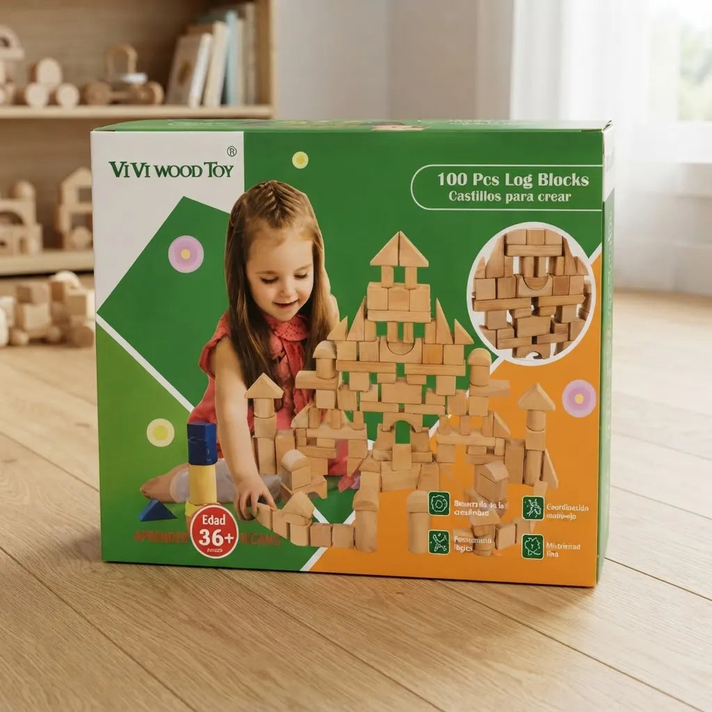 Set Para Construir de 100 Bloques de Madera Para Niños