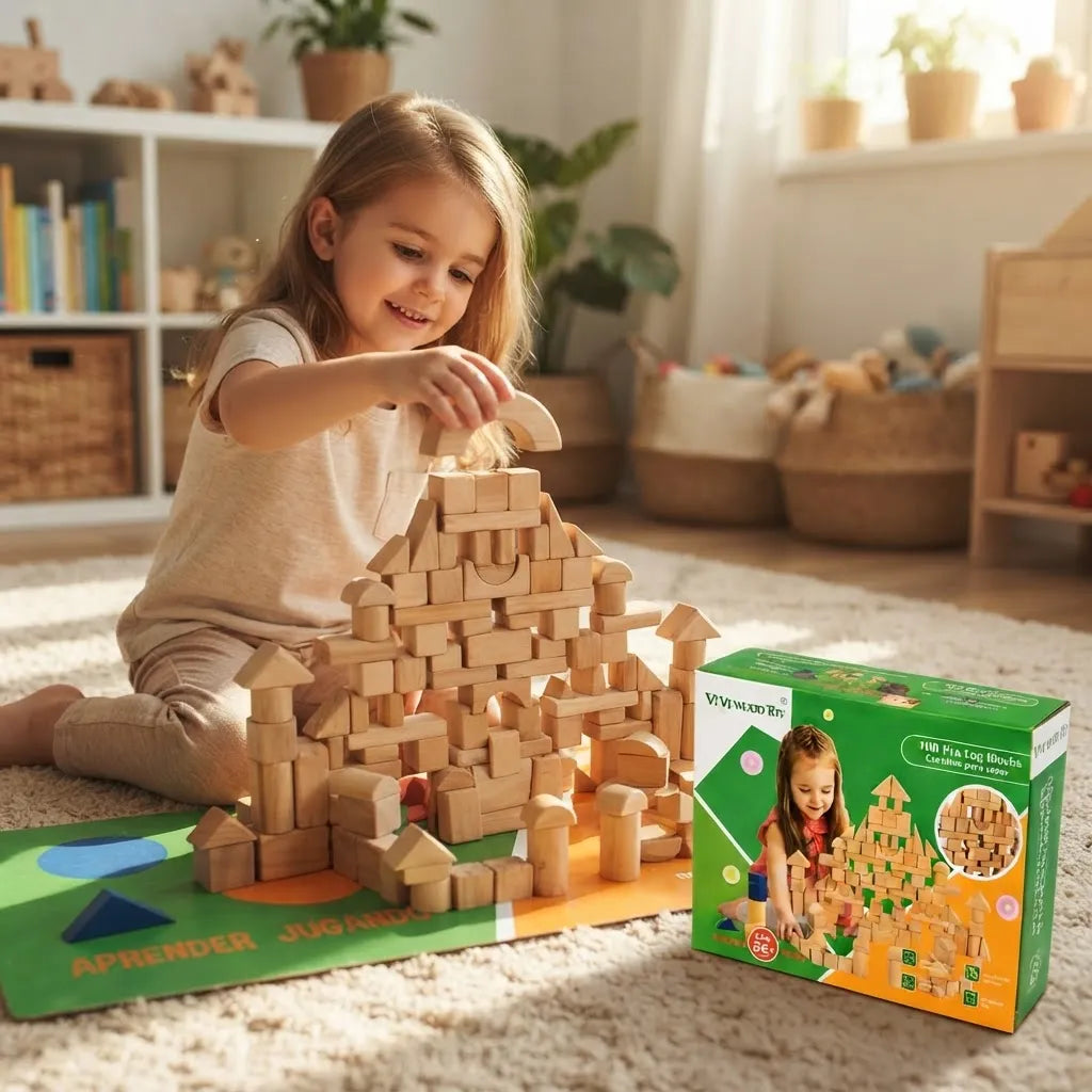 Set Para Construir de 100 Bloques de Madera Para Niños