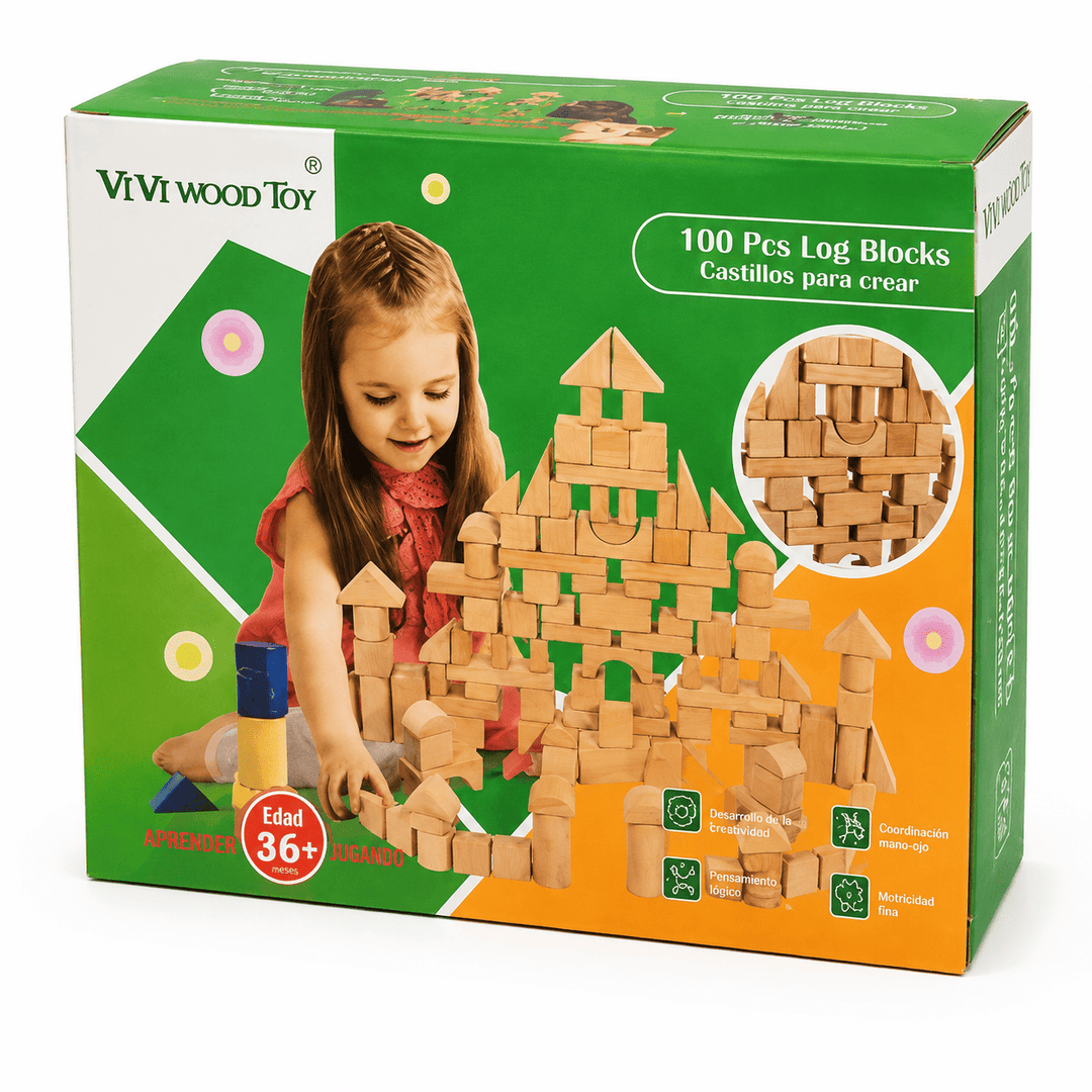Set Para Construir de 100 Bloques de Madera Para Niños