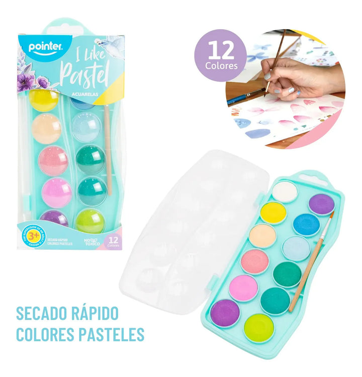 Set de Acuarelas Pointer 12 Colores Pastel Para Niños