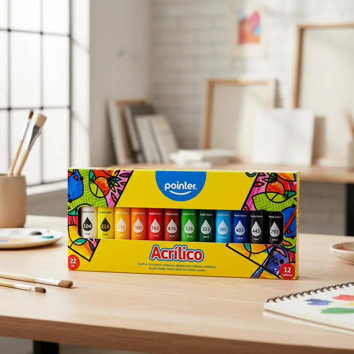 Pintura Acrílica 12 Colores Brillantes Pointer Para Niños