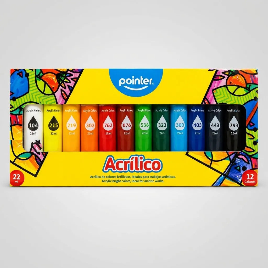 Pintura Acrílica 12 Colores Brillantes Pointer Para Niños