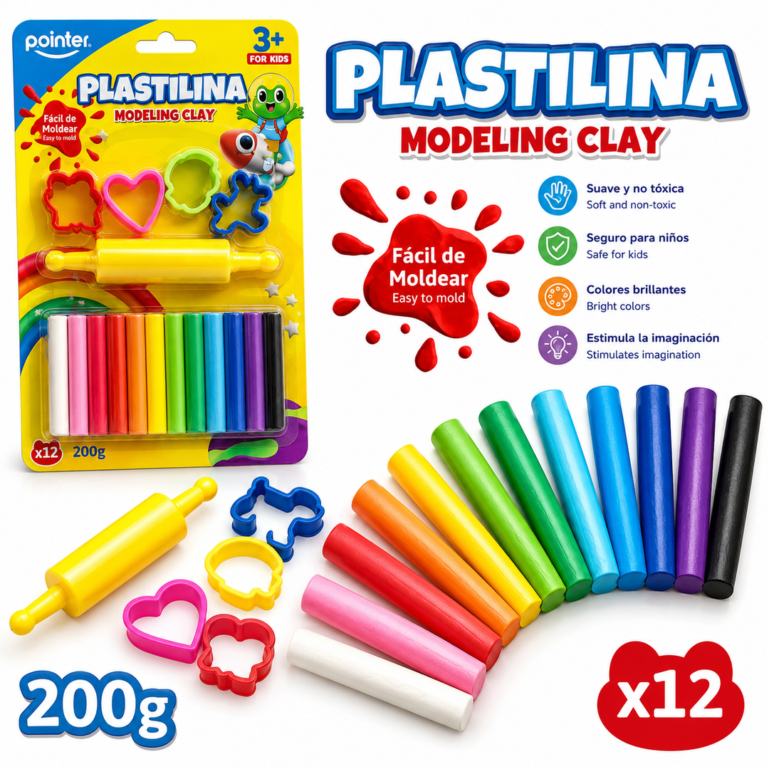 Set Plastilina 12 Colores con Moldes y Rodillo Para Niños