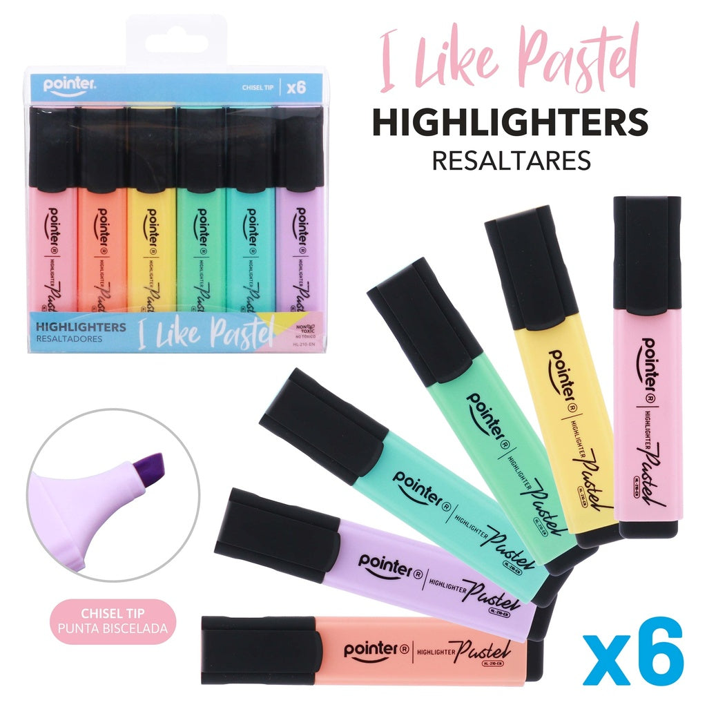 Resaltador Pastel X 6 Piezas  6 Colores Punta Biselada Para Niños