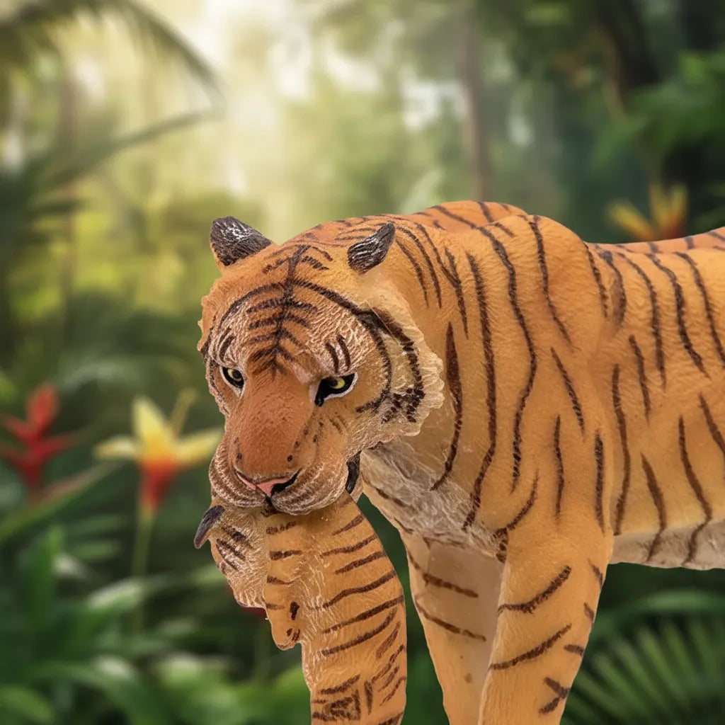 Figura Animales Tigre Con Cachorro Pintado a Mano