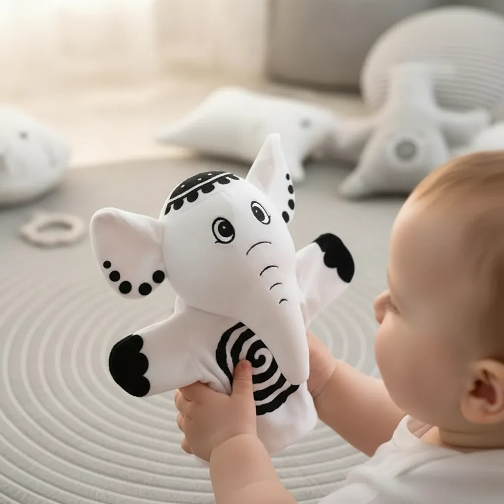 Títere Estimulación Elefante Blanco Y Negro Bebés