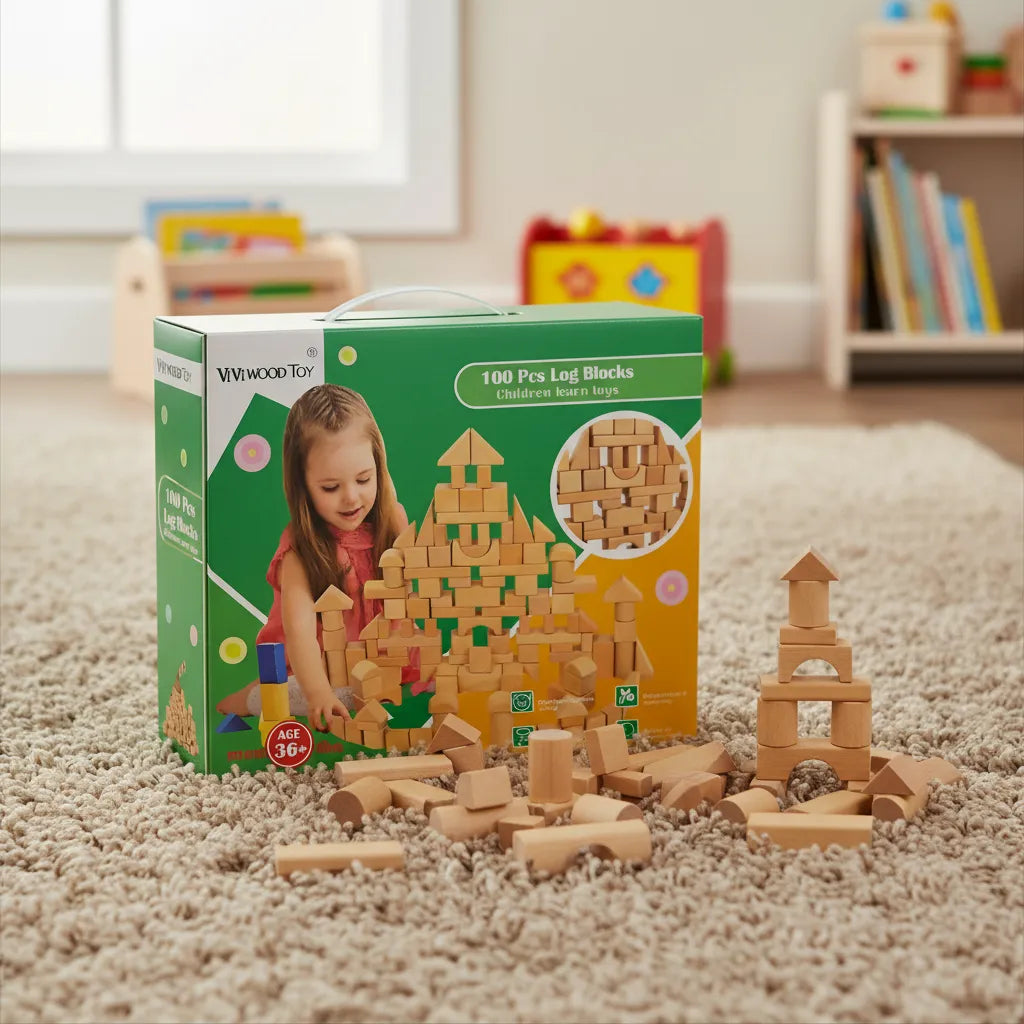 Juego Construcción Bloques De Madera 100 Piezas