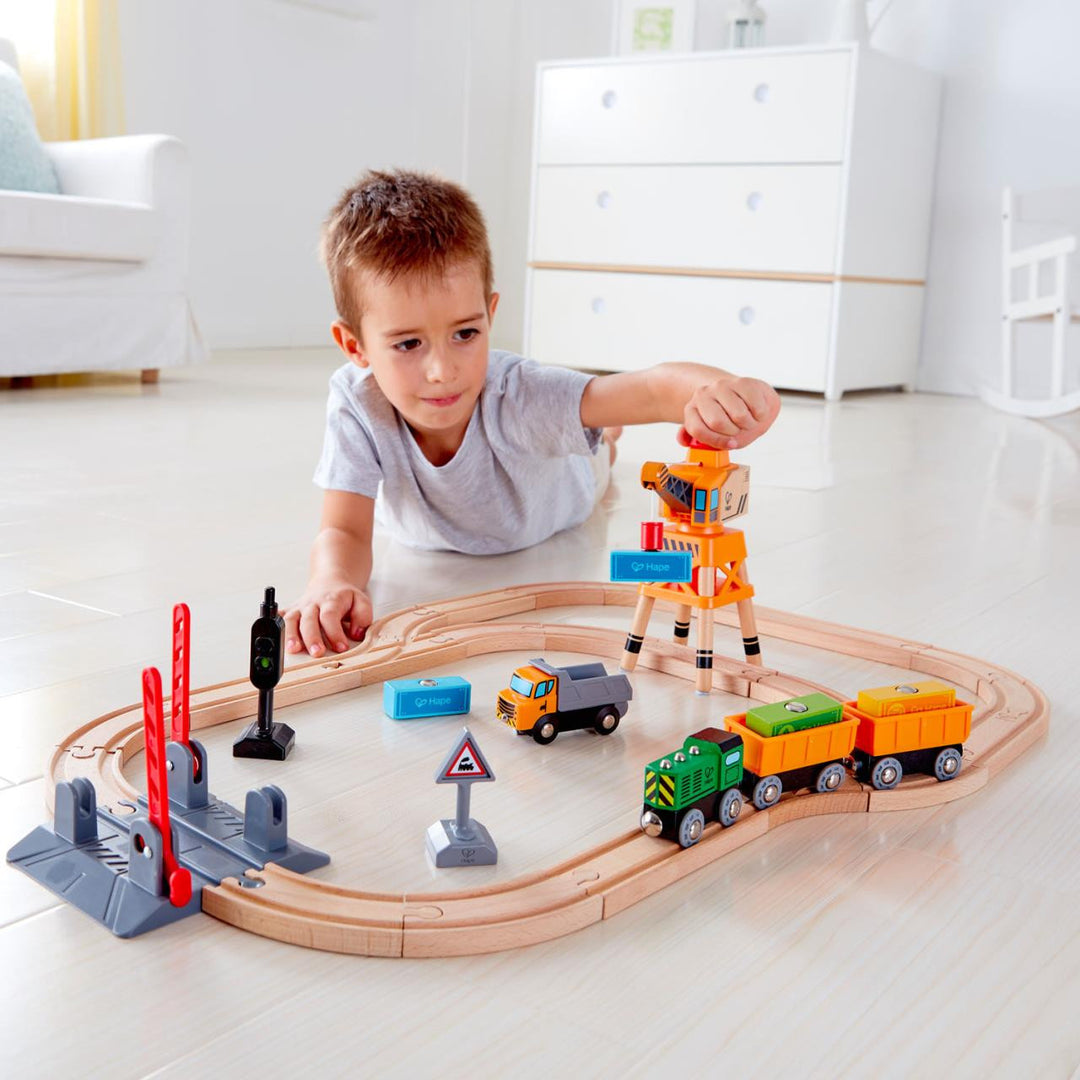 Set De Tren Con Cruce Y Grúa De Madera Niños