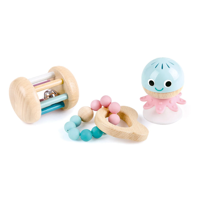 Set De 3 Sonajeros Sensorial De Madera Bebés