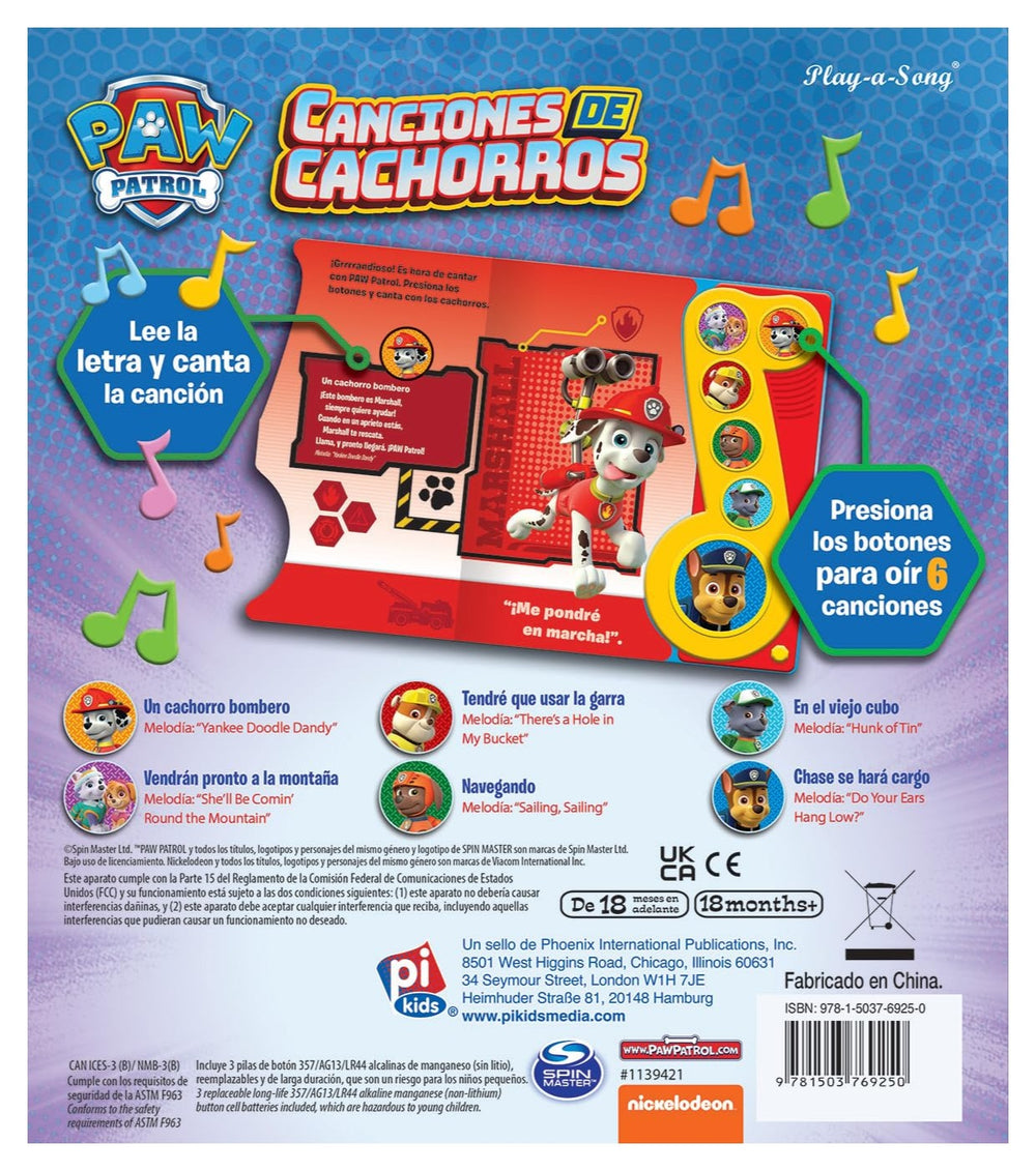 Libro Musical Con Canciones Paw Patrol Para Niños