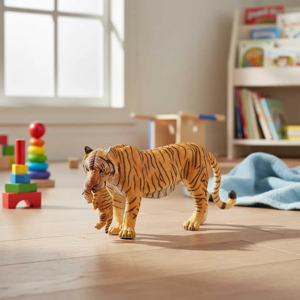 Figura Animales Tigre Con Cachorro Pintado a Mano
