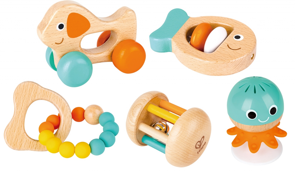 Set 5 De Sonajeros Sensorial De Madera Hape Bebés