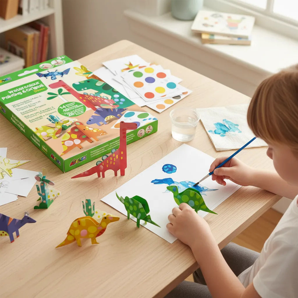 Set Acuarela Y Origami Dinosaurio Para Niños