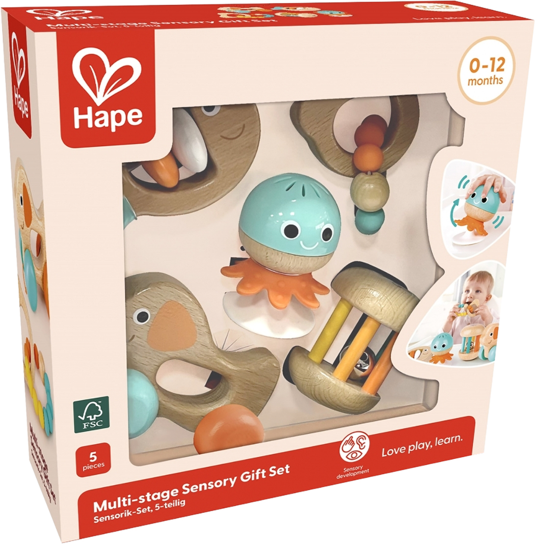 Set 5 De Sonajeros Sensorial De Madera Hape Bebés