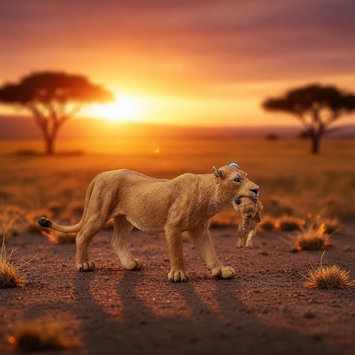 Figura Animales Leona Con Cachorro Pintado a Mano