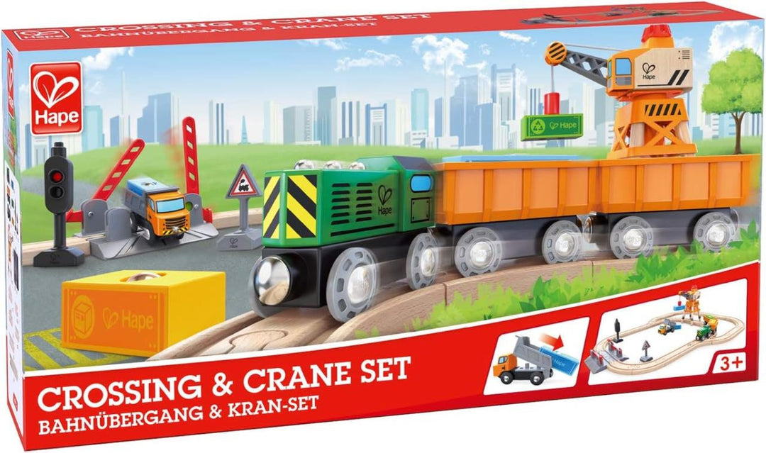 Set De Tren Con Cruce Y Grúa De Madera Niños
