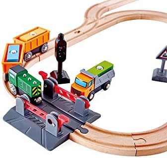 Set De Tren Con Cruce Y Grúa De Madera Niños