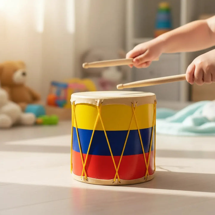 Juguete Didáctico Tambor En Madera Tricolor Para Niños