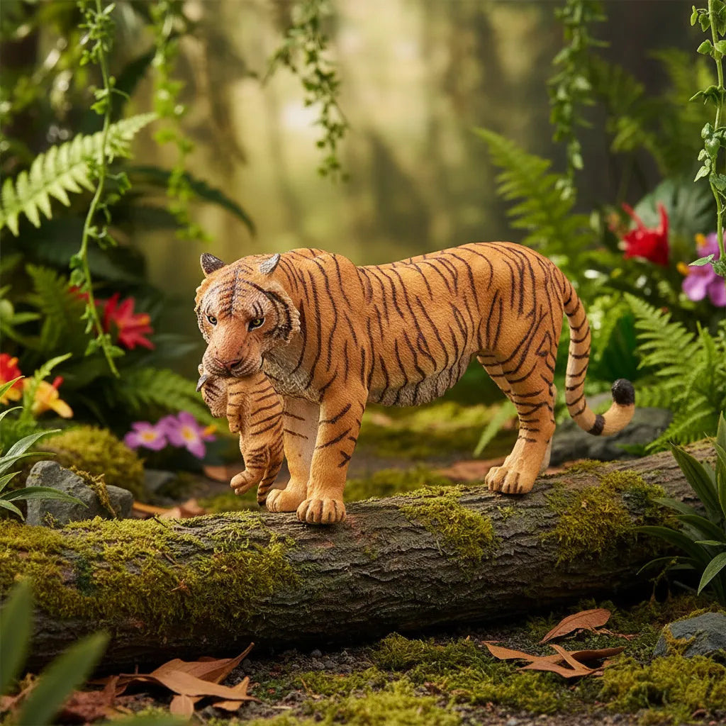 Figura Animales Tigre Con Cachorro Pintado a Mano