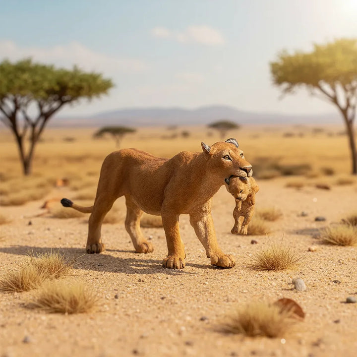 Figura Animales Leona Con Cachorro Pintado a Mano