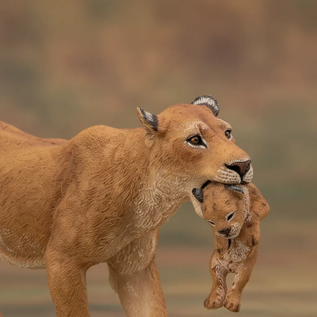 Figura Animales Leona Con Cachorro Pintado a Mano
