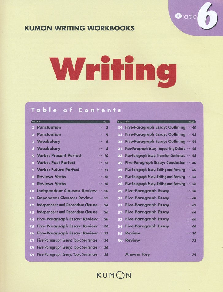 Libro Kumon Writing Grade 6 para niños niñas