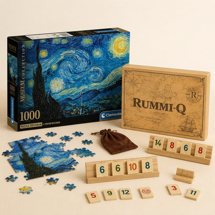 Combo Tarde de Juegos: Noche Estrellada 1000 Piezas + Rummi-Q Madera